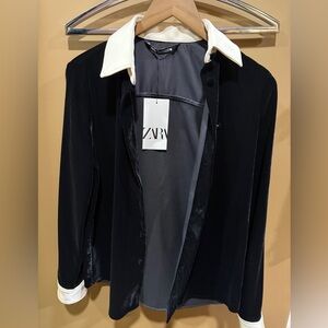 Zara Black Velvet Shirt with Cream Trim